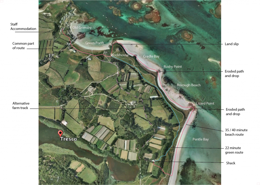 Coloured routes to show timings of different ways back to the accomodation.